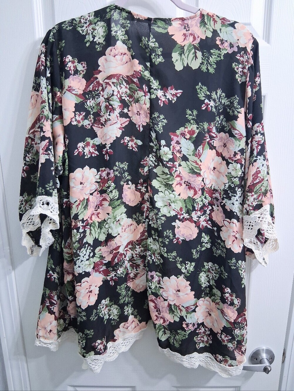 Liberty Love Kimono Cover Up Lace Crochet Hem Pink Floral 2x - Picture 9 of 11
